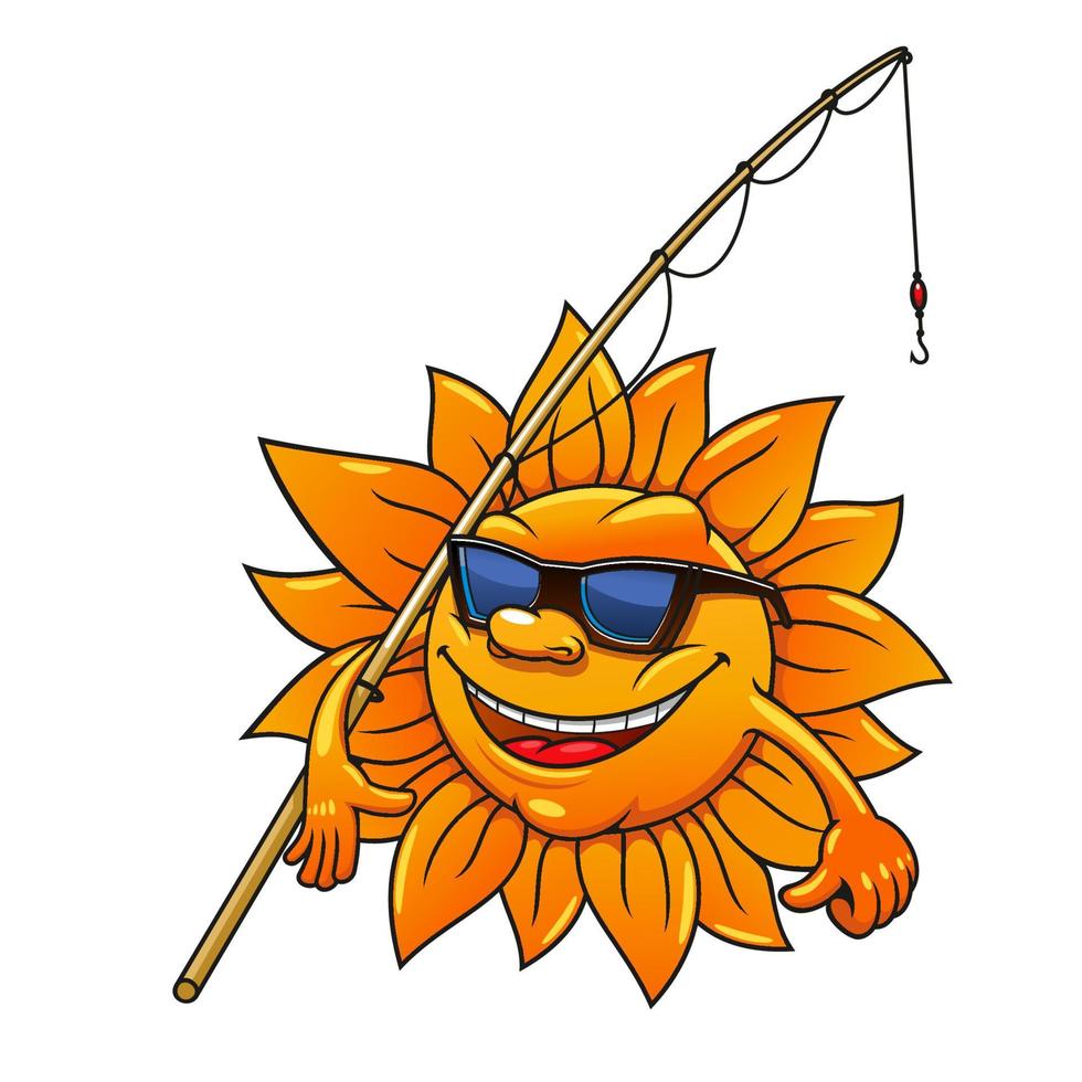 sol dos desenhos animados em óculos de sol com vara de pescar vetor