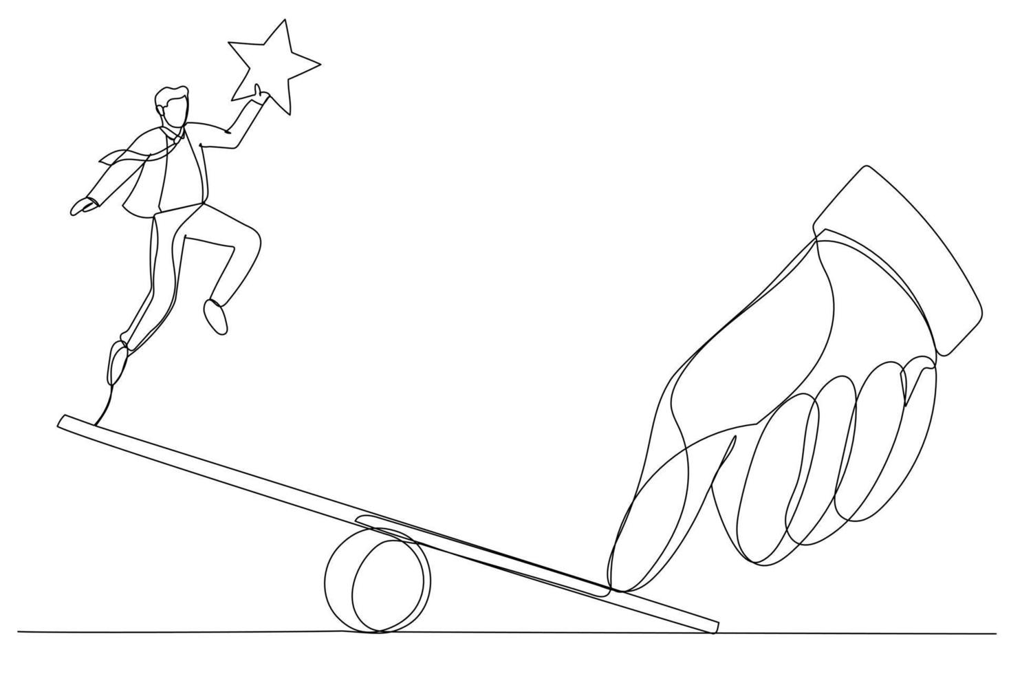ilustração do polegar gigante ajudando o empresário a pular na gangorra. estilo de arte de uma linha vetor