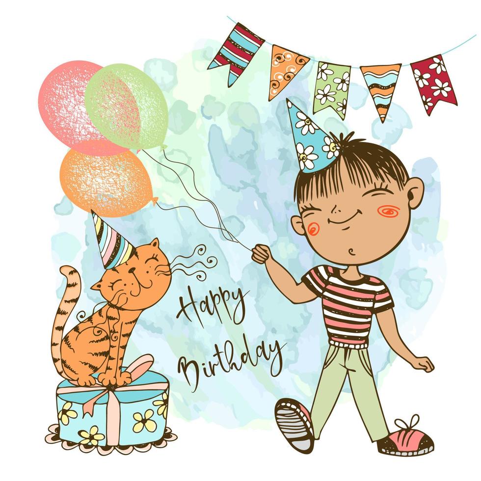 um cartão de aniversário para o menino. um menino em um boné festivo com balões e um gato fofo comemora seu aniversário. vetor. vetor