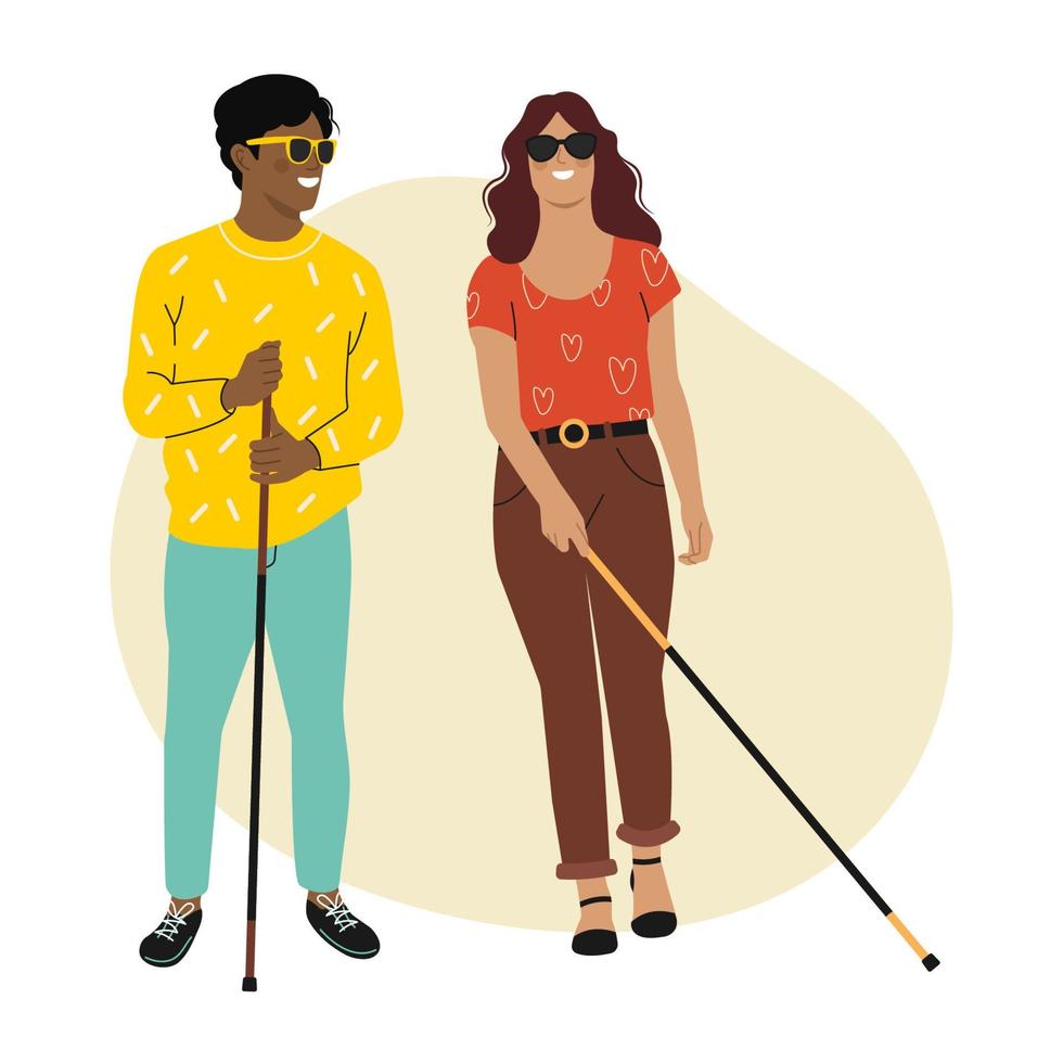 pessoas especiais multiculturais em óculos escuros em pé com uma bengala. pessoas com deficiência, diversidade e inclusão. ilustração vetorial. vetor