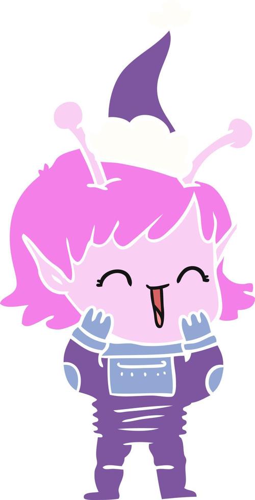 ilustração de cor plana de uma garota alienígena rindo usando chapéu de papai noel vetor