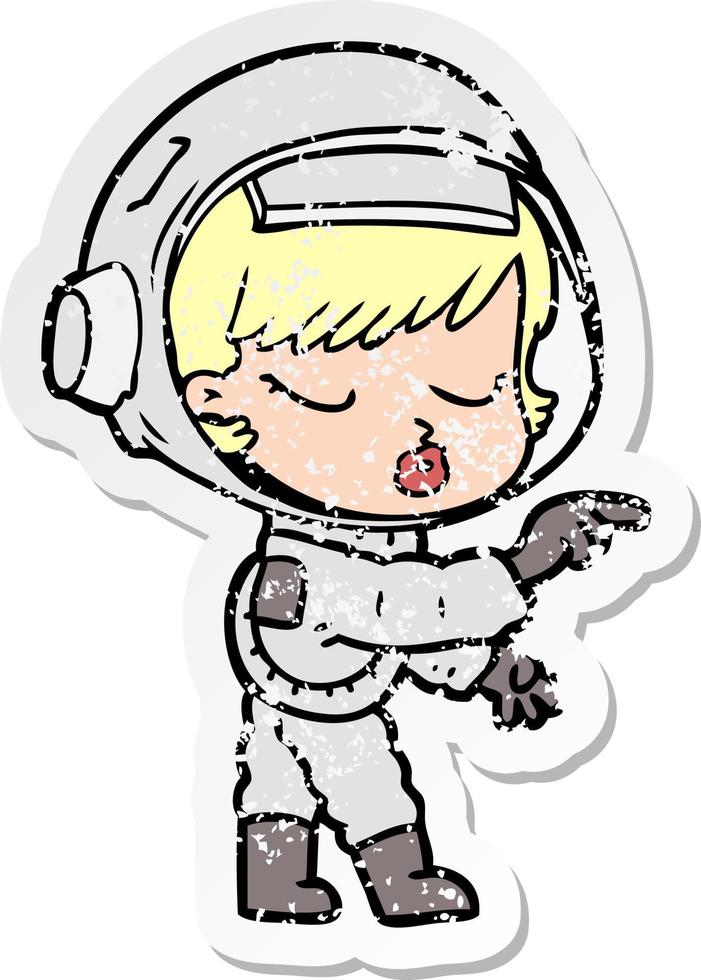 adesivo angustiado de uma garota astronauta bonita de desenho animado apontando vetor