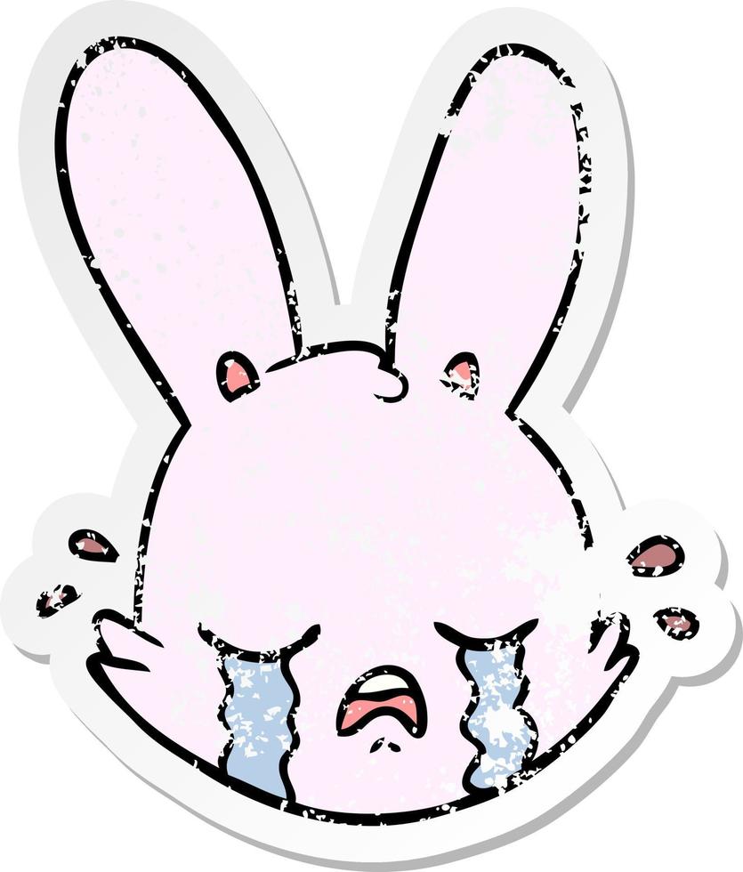 adesivo angustiado de um rosto de coelho chorando de desenho animado vetor