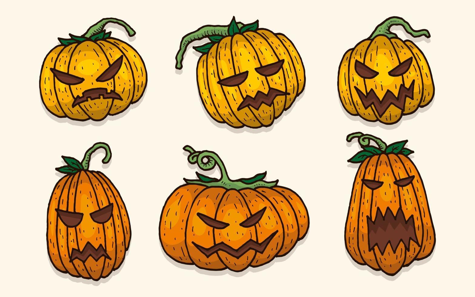coleção desenhada à mão de expressão de rosto de abóbora assustadora para personagem de halloween vetor