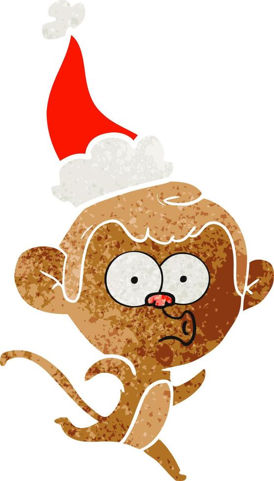 desenho retrô de um macaco surpreso usando chapéu de papai noel vetor