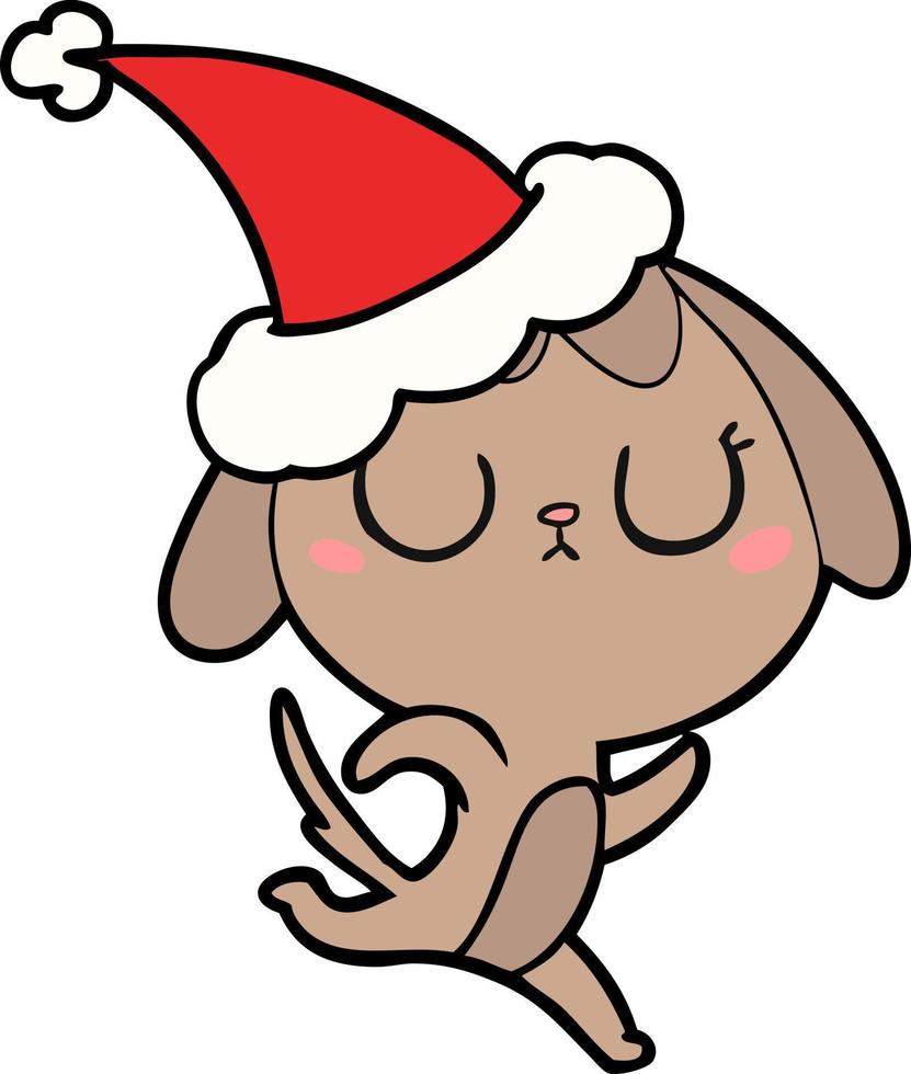 desenho de linha bonito de um cachorro usando chapéu de papai noel vetor