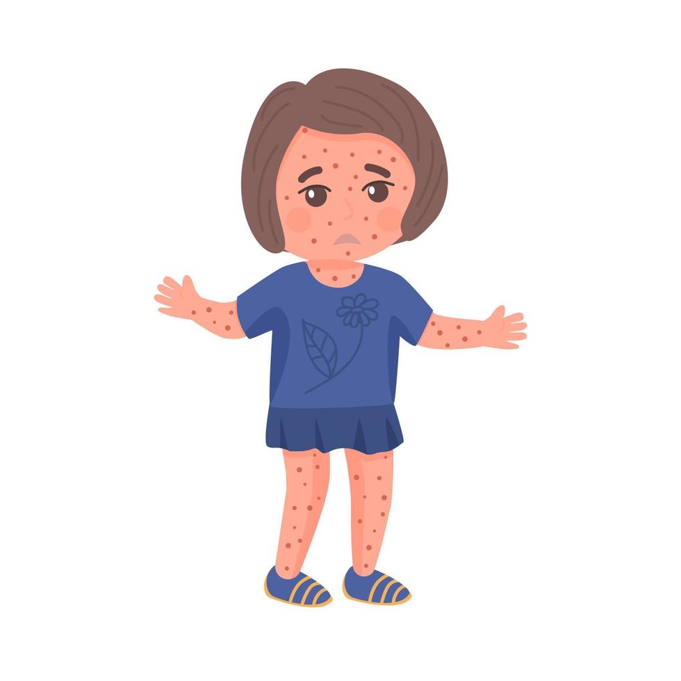 menina tendo clipart de varicela. isolado na ilustração vetorial de fundo branco. personagem de cabelos castanhos vestido azul, sofrendo de doença de infância. vetor