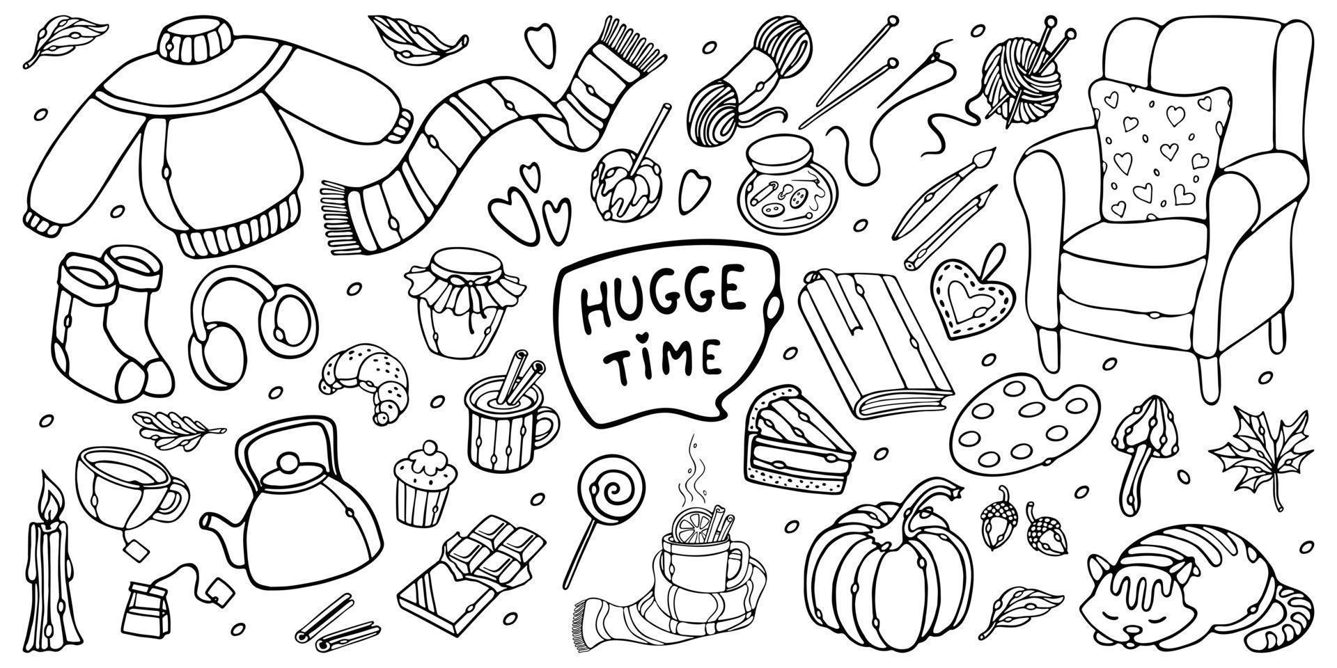 enorme tempo definido. outono outono contorno doodles ilustração vetorial. atividades domésticas, hobbies. lendo, desenhando, tricô, costura, comendo, chá café bebendo vetor