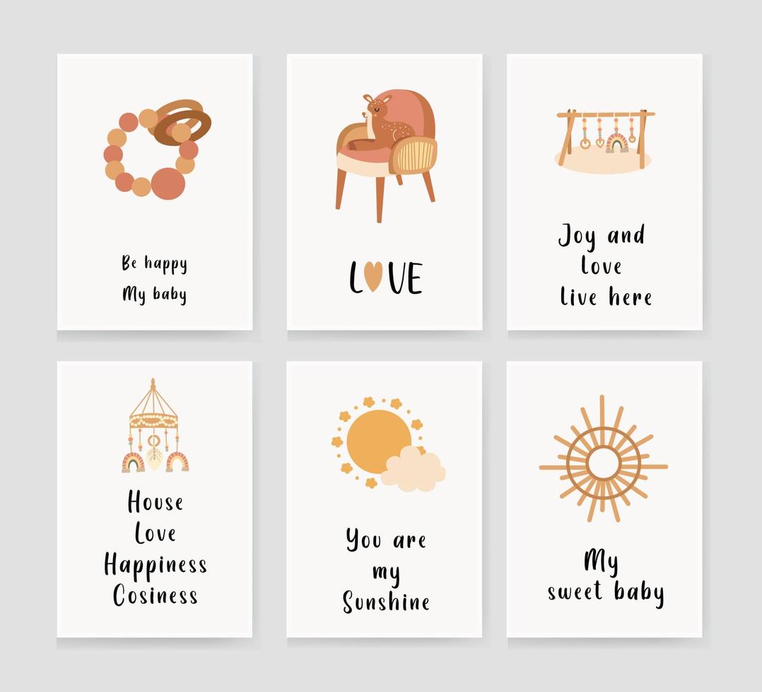 conjunto de cartões de convite para crianças com um sol, um chocalho, um berço e uma chupeta. parabéns. ilustração vetorial. vetor