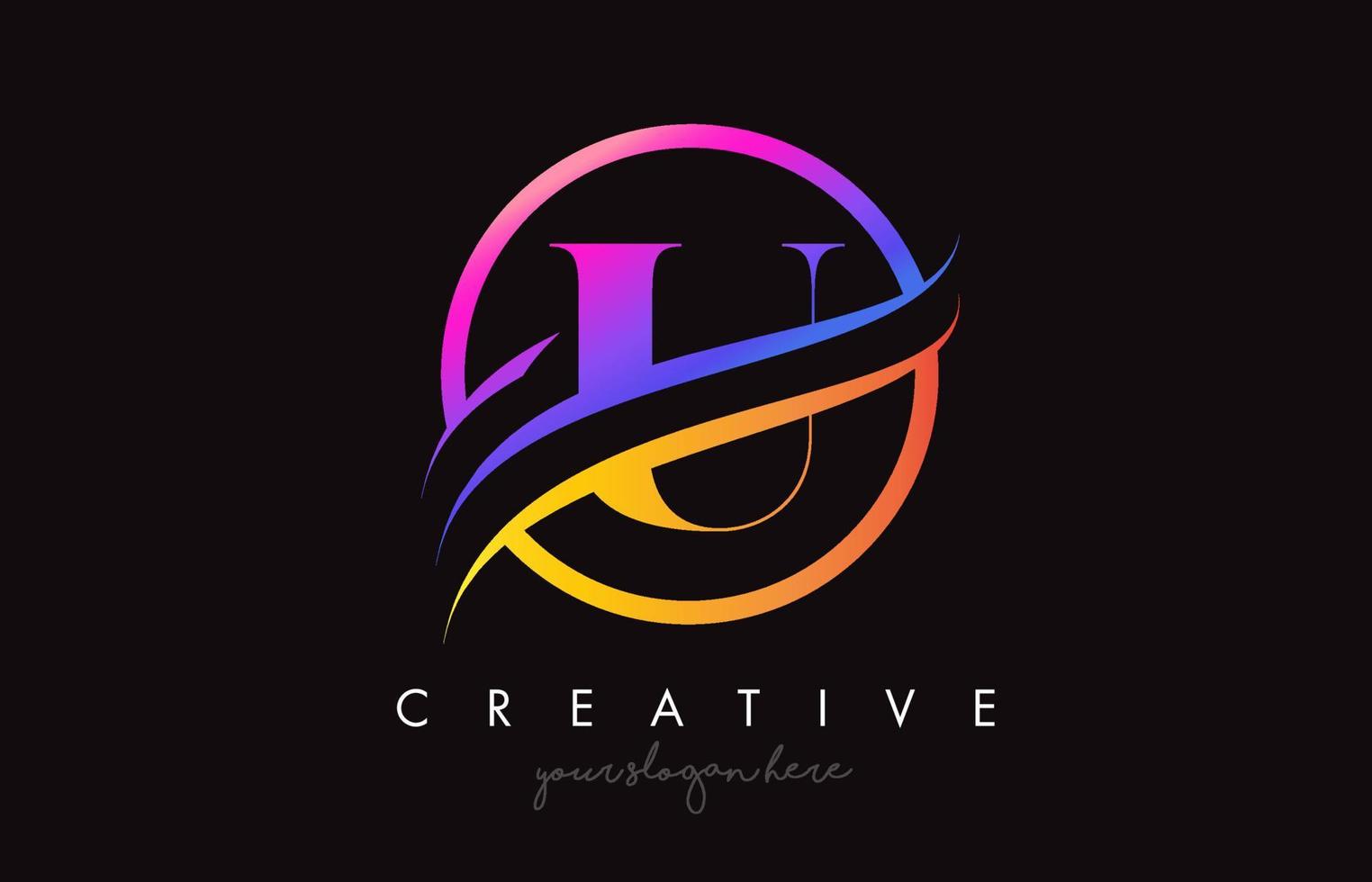 logotipo criativo da letra u com cores laranja roxas e vetor de design de corte circular swoosh
