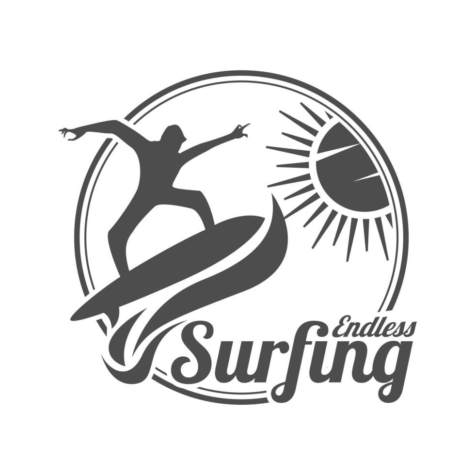 logotipo de vetor de esportes de surf de verão, prancha de surf e onda do mar
