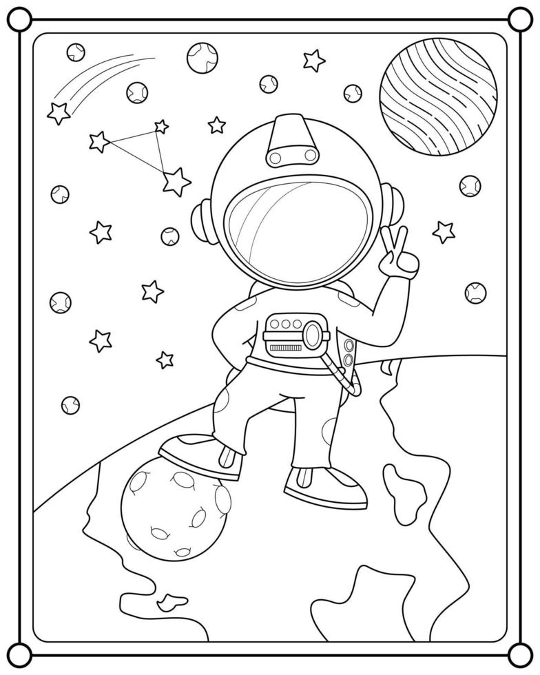 astronauta bonito jogando bola da lua no espaço adequado para ilustração vetorial de página para colorir infantil vetor