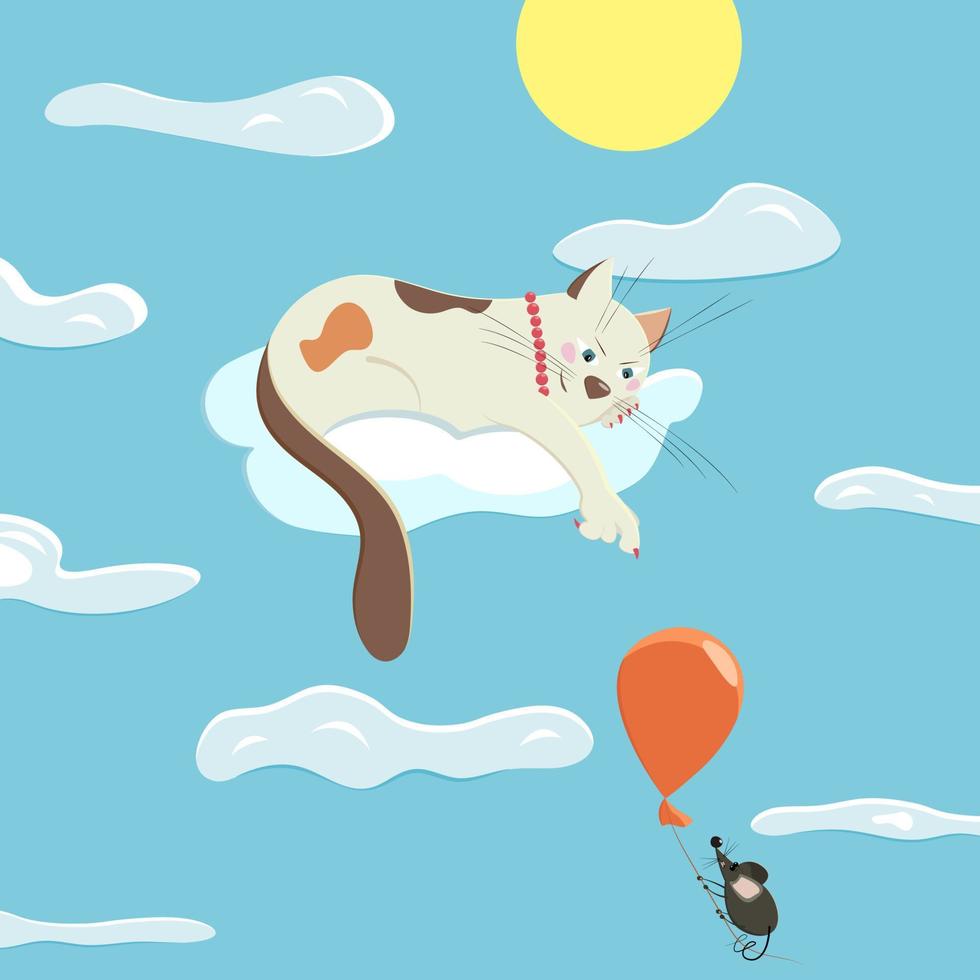 o gato branco de desenho animado plano na nuvem e o mouse no balão de ar vetor