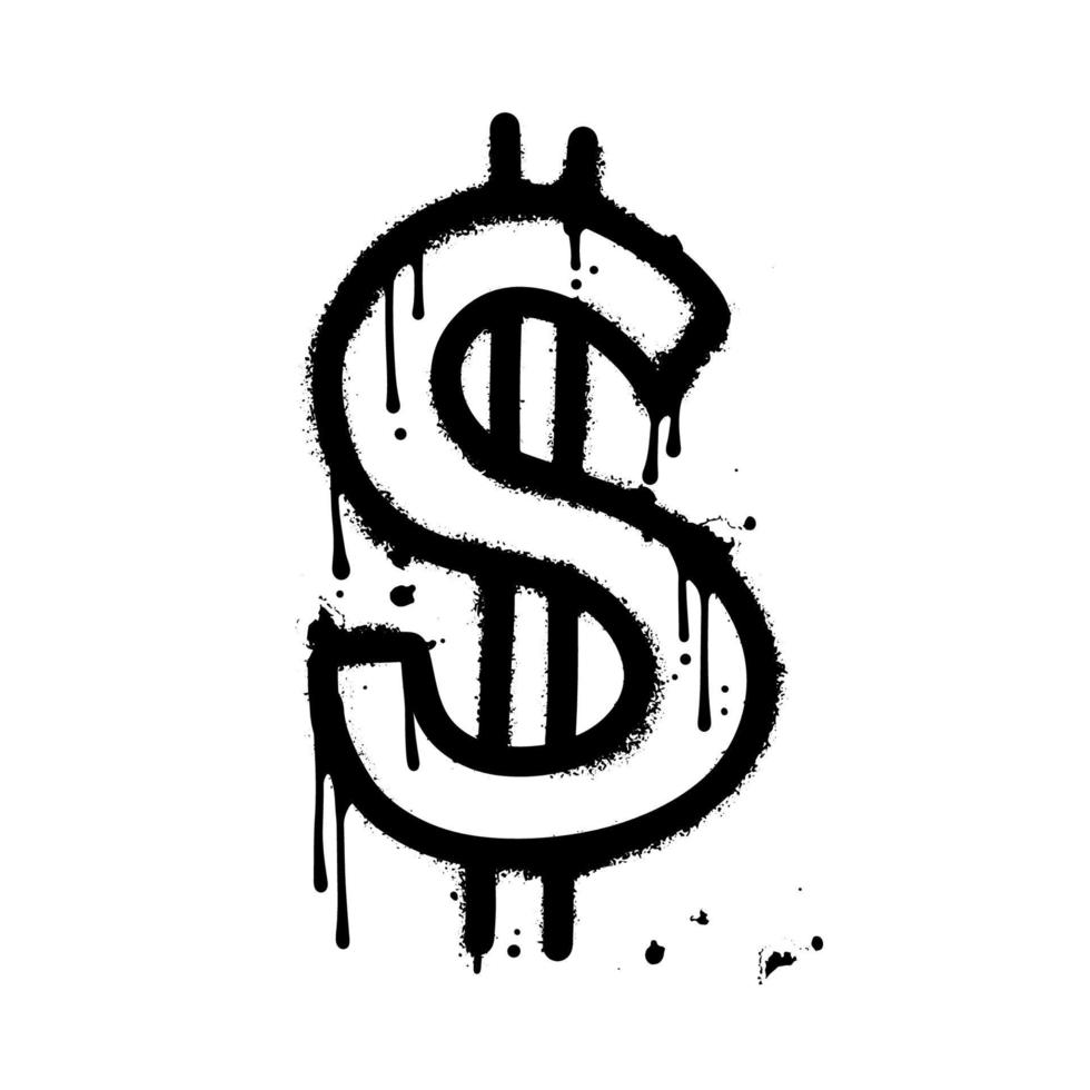 ícone de dólar grafite urbano pintado com spray. sinal preto pulverizado isolado com um fundo branco. ilustração em vetor mão desenhada texturizado.