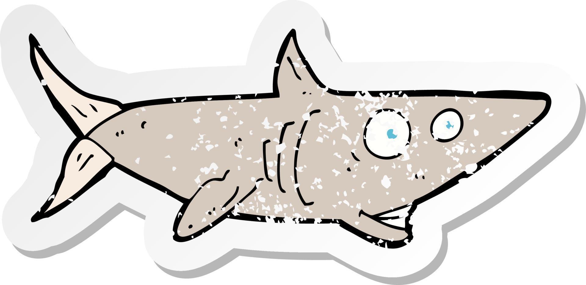adesivo retrô angustiado de um tubarão feliz de desenho animado vetor