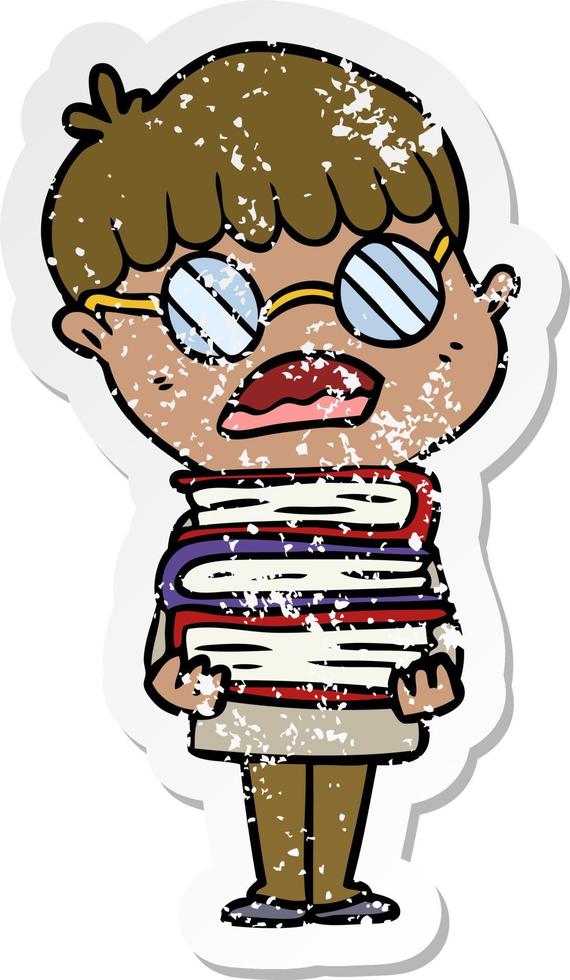 vinheta angustiada de um menino de desenho animado com livros usando óculos vetor