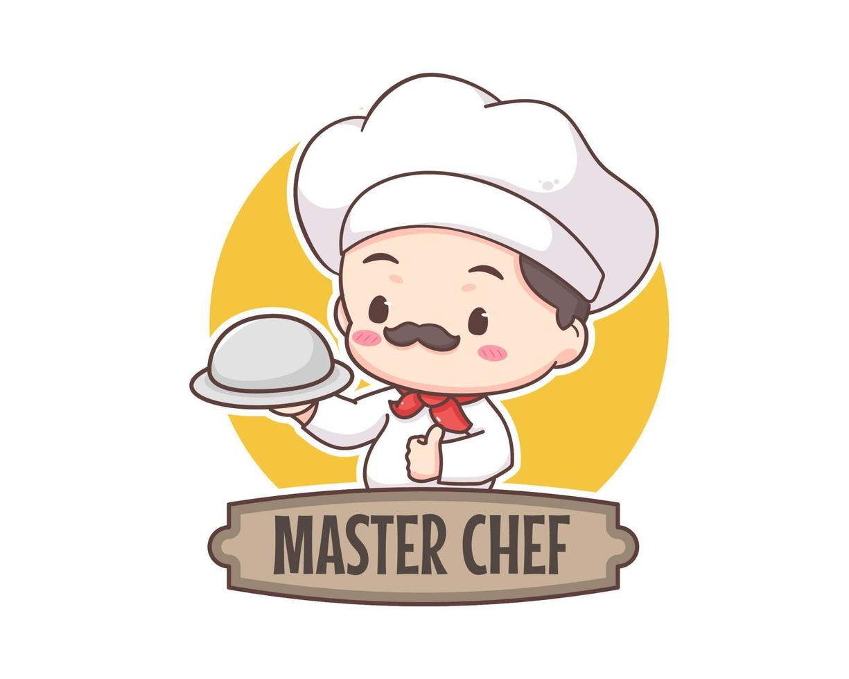 personagem de desenho animado de mascote de logotipo de chef fofo. chef segurando a placa de prata. conceito de ícone de comida de pessoas isolado no branco. vetor