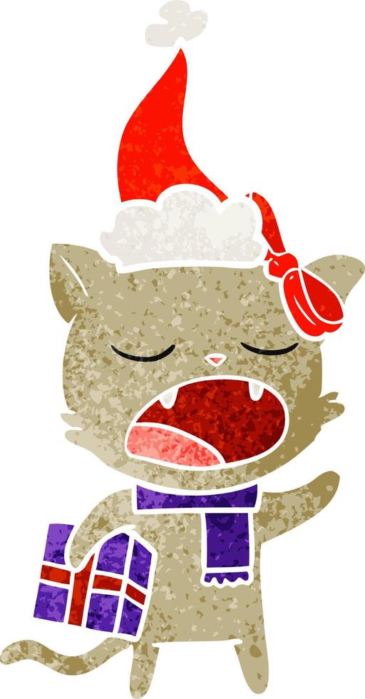 desenho retrô de um gato com presente de natal usando chapéu de papai noel vetor