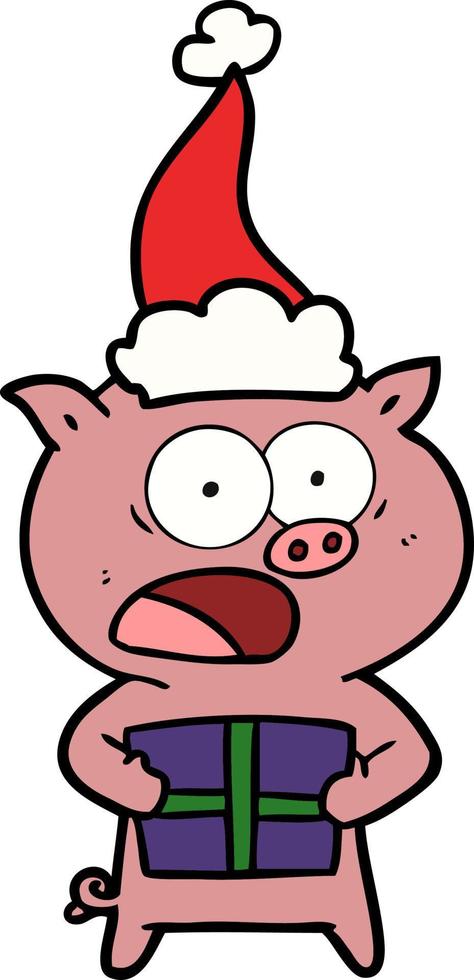 desenho de linha de um porco com presente de natal usando chapéu de papai noel vetor