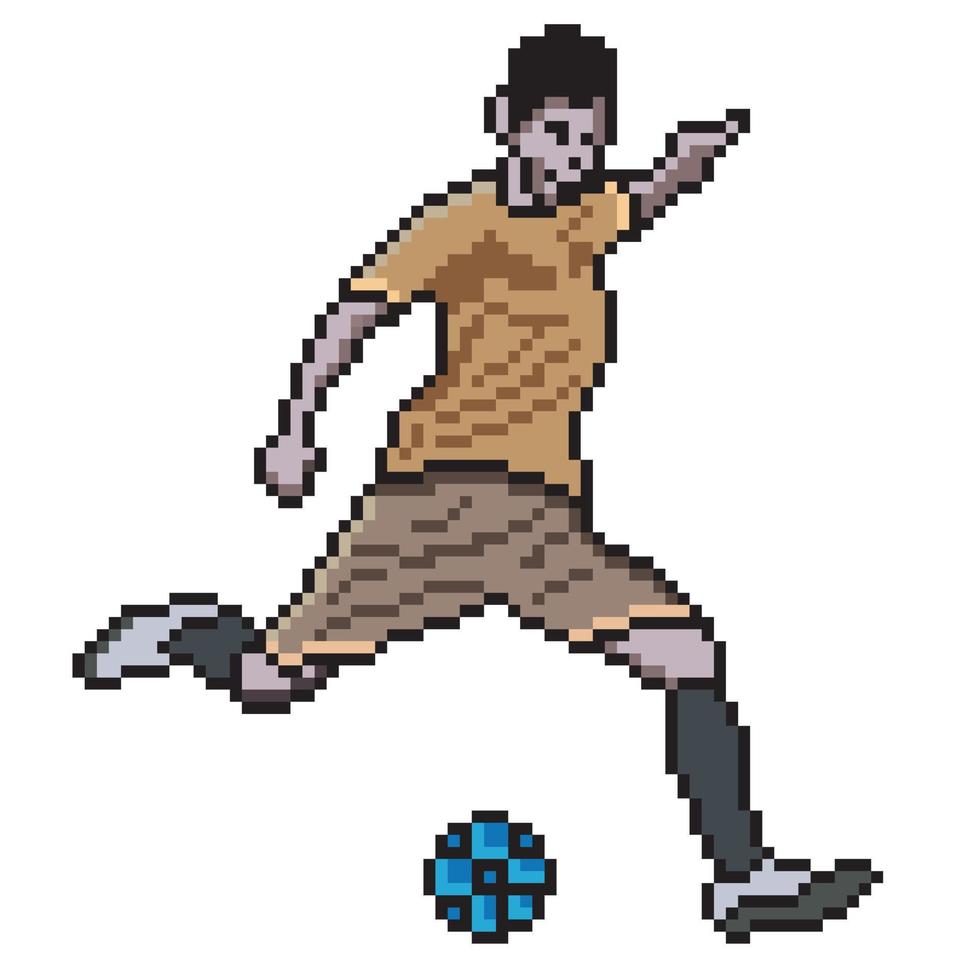 jogador de futebol chutando bola com pixel art. ilustração vetorial vetor