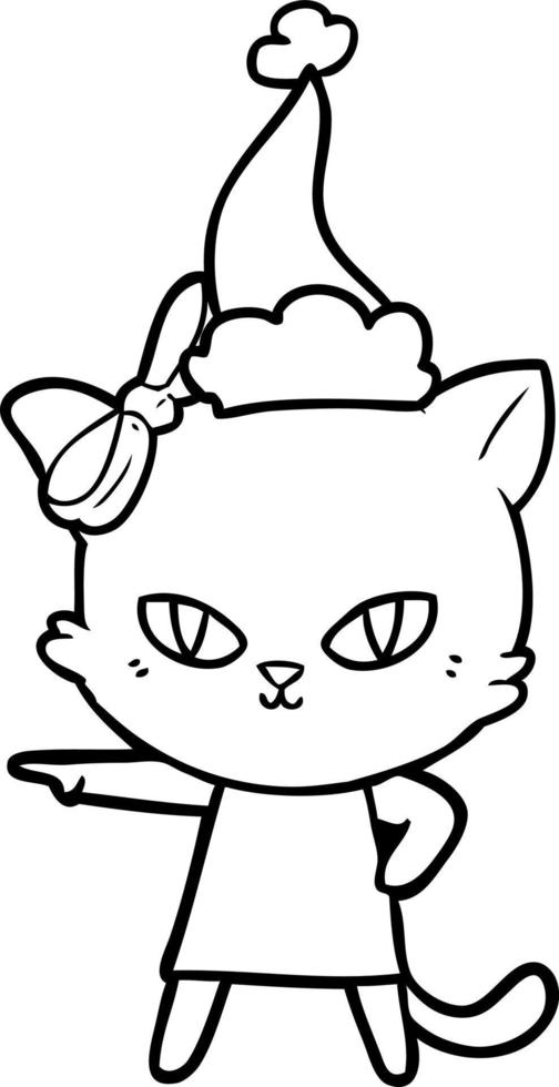 desenho de linha bonito de um gato usando vestido com chapéu de papai noel vetor
