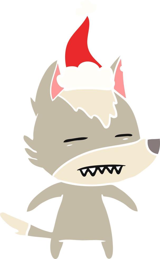 ilustração de cor plana de um lobo mostrando os dentes usando chapéu de papai noel vetor