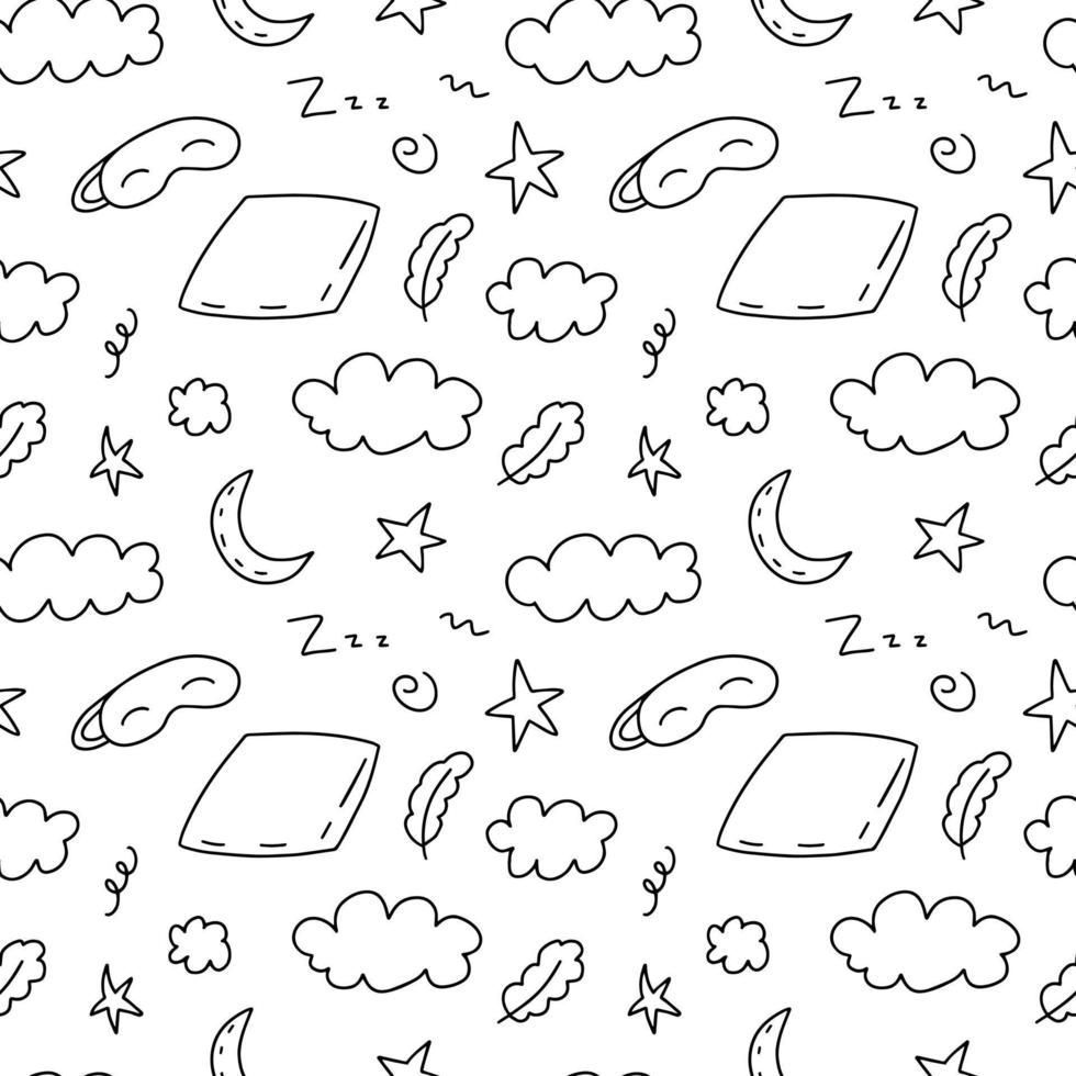 Doodle padrão sem emenda de itens de noite de sono. padrão de elementos adormecidos desenhados à mão vetor