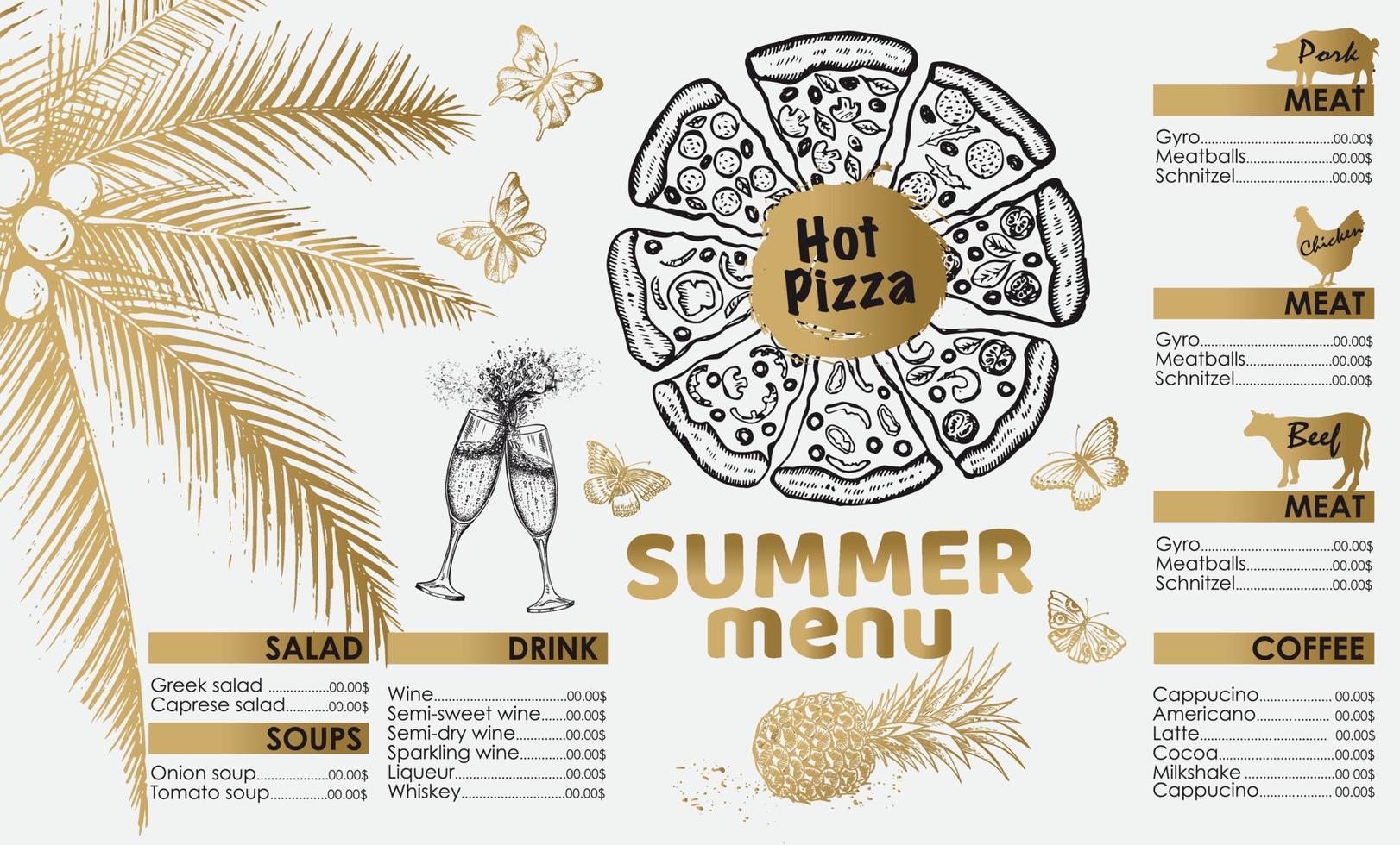 design de menu de verão do restaurante. ilustrações desenhadas à mão. vetor