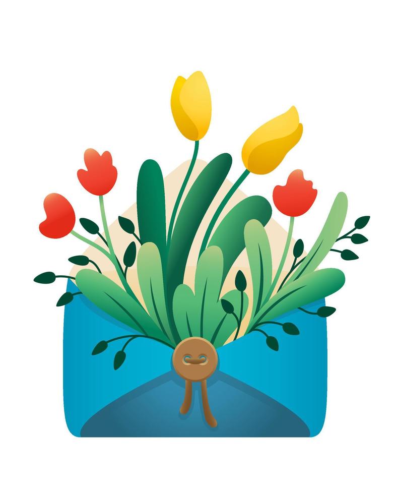 ilustração vetorial de cor de um cartão postal de envelope com flores, tulipas para o dia da mulher em 8 de março vetor