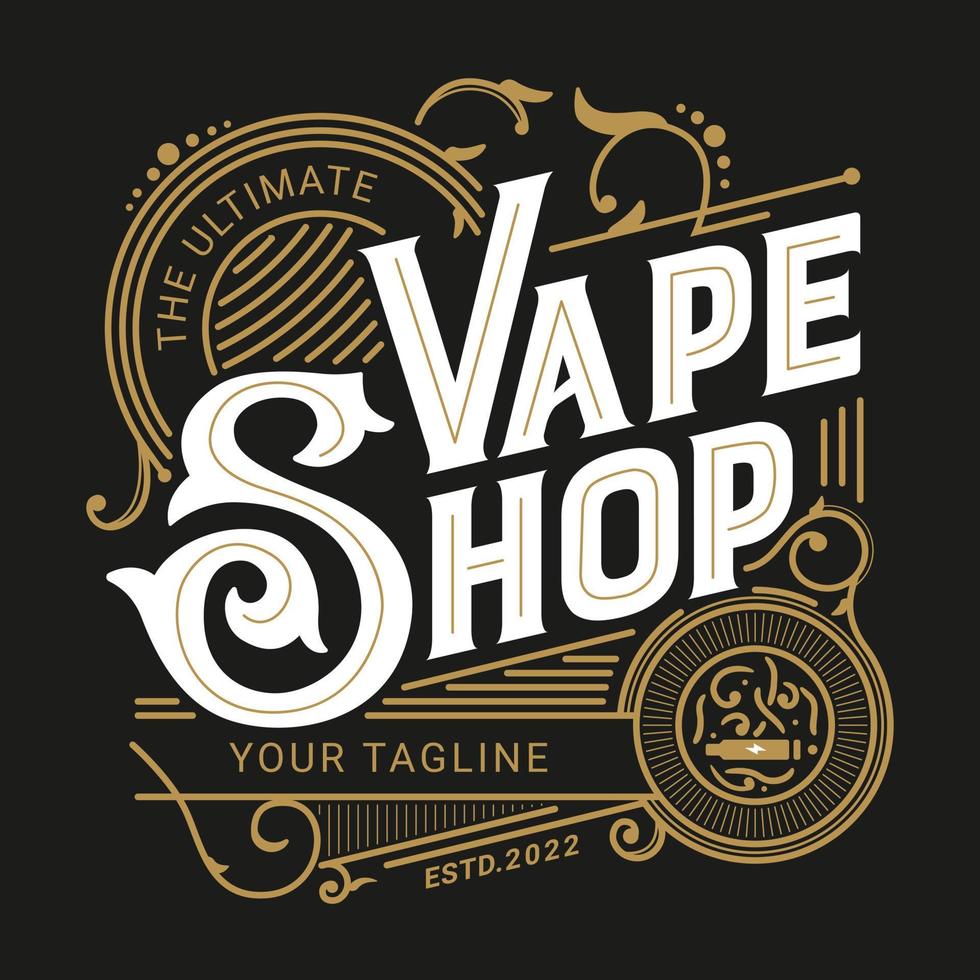 vape shop design de logotipo de tipografia vitoriana vintage ornamentado com moldura decorativa de floreio ornamental vetor