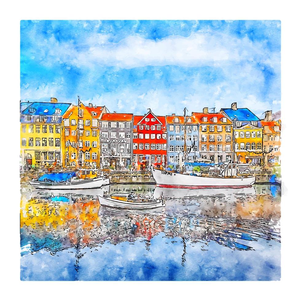 nyhavn Dinamarca esboço em aquarela ilustração desenhada à mão vetor