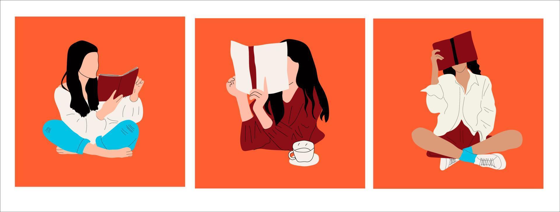 conjunto de três meninas que estão lendo livros em pé. mulheres jovens. leia mais o conceito de livros. ilustrações da moda isoladas vetoriais desenhadas à mão vetor