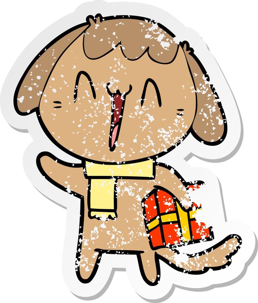 vinheta angustiada de um cachorro fofo de desenho animado com presente de natal vetor