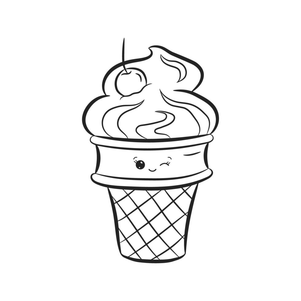 Conjunto de sorvete kawaii bonito com rostos. Desenho para colorir ou livro  para crianças e adultos.