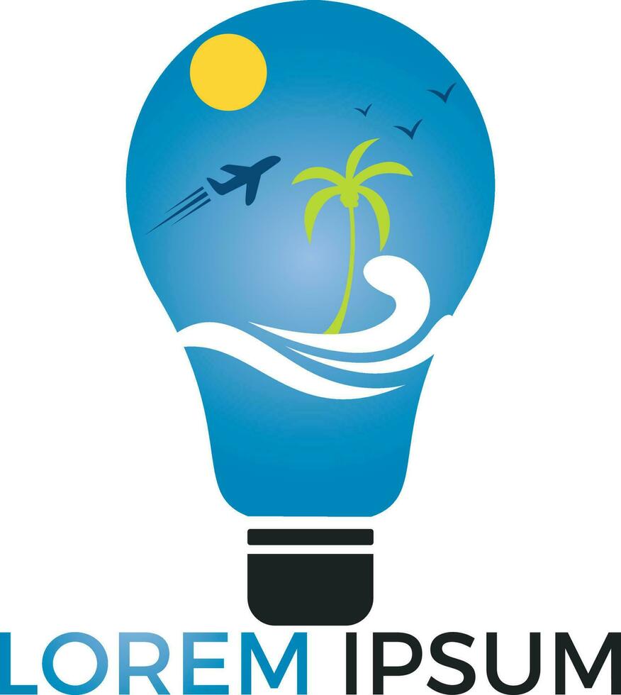 design de conceito de ideia de viagens e turismo. lâmpada e símbolo ou ícone do avião. ideia única e modelo de design de logotipo de voo. vetor