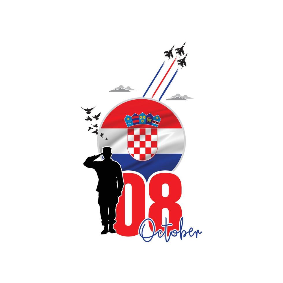 8 de outubro, comemorando o dia da independência da croácia, saudando soldados e exército estão em ação, forças aéreas mostrando show aéreo no céu, feriado nacional observado pela república da croácia em 1991 vetor