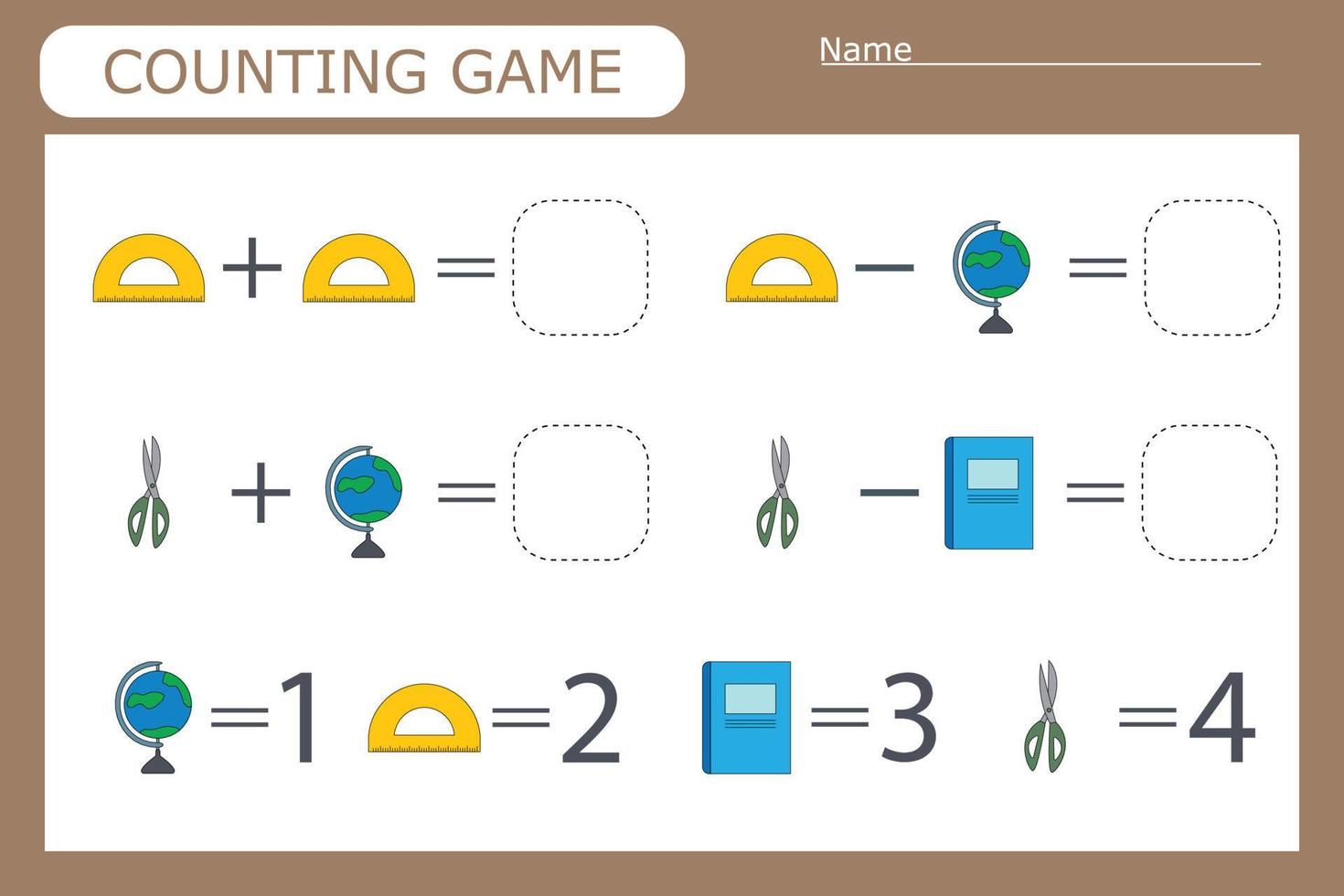 contando jogo com material escolar. planilha pré-escolar, planilha de atividades para crianças, planilha para impressão vetor