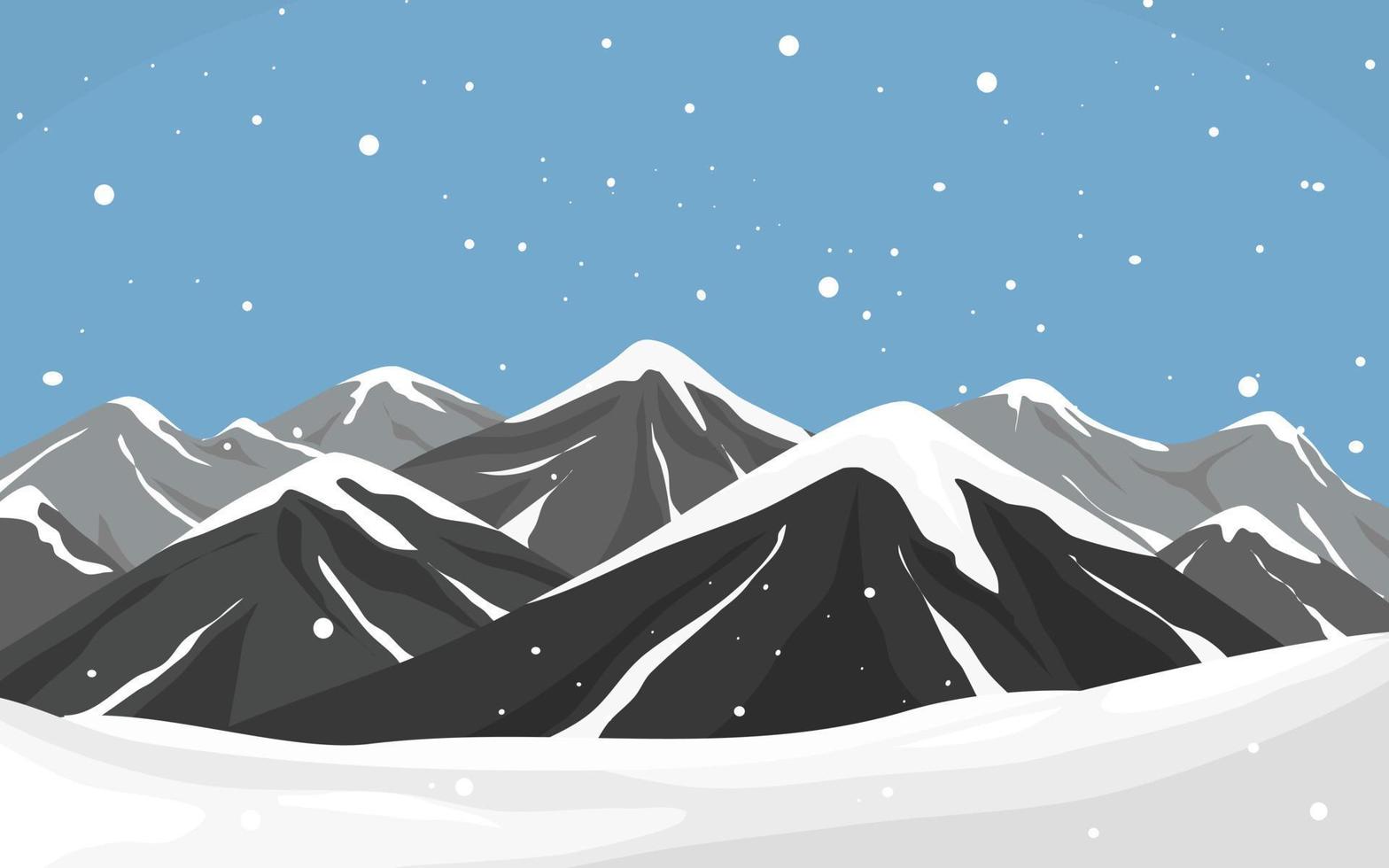 montanha com neve caindo e fundo de paisagem de inverno de céu azul vetor