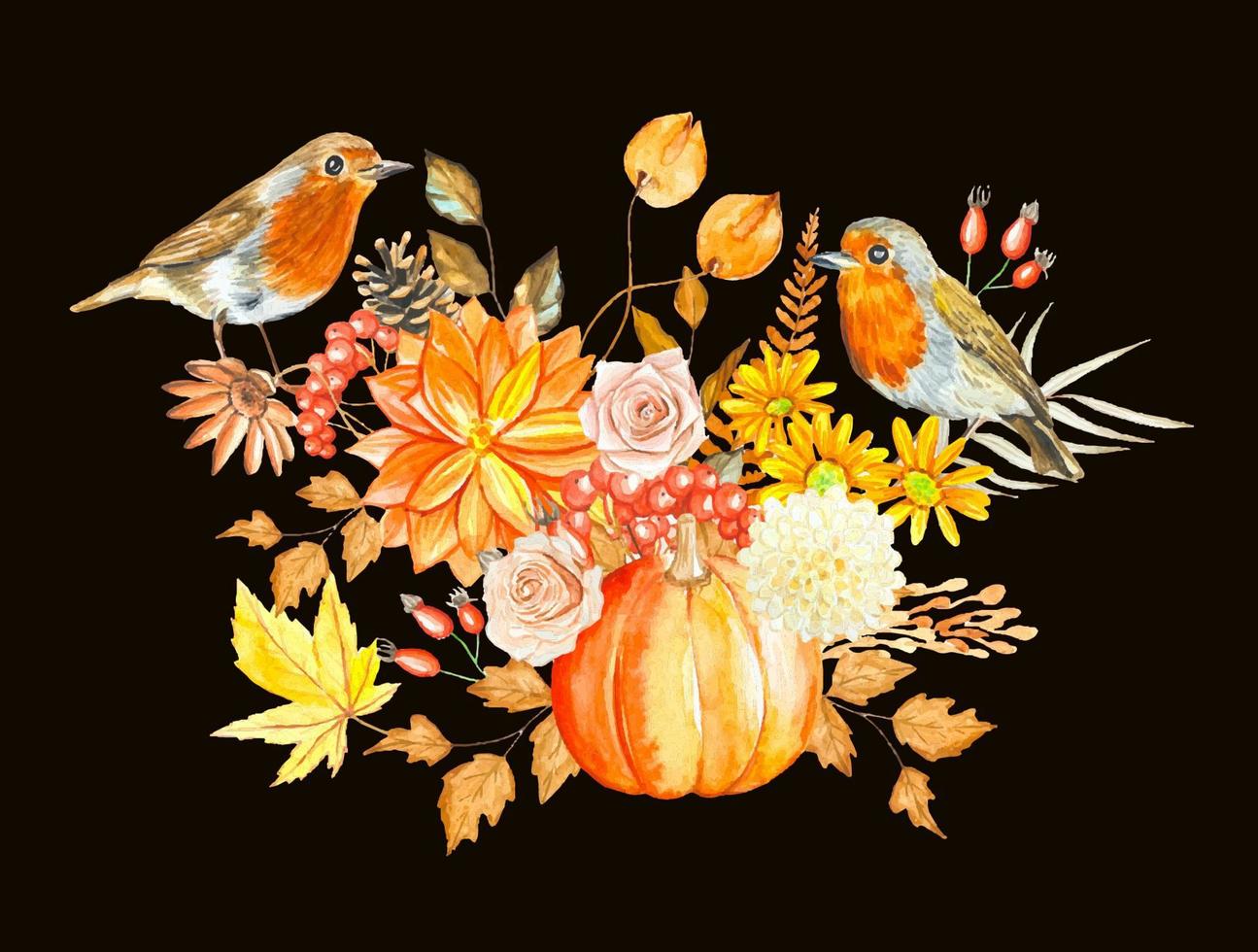 composição de outono em aquarela com abóbora, flores, folhas de outono e pássaros robin vetor