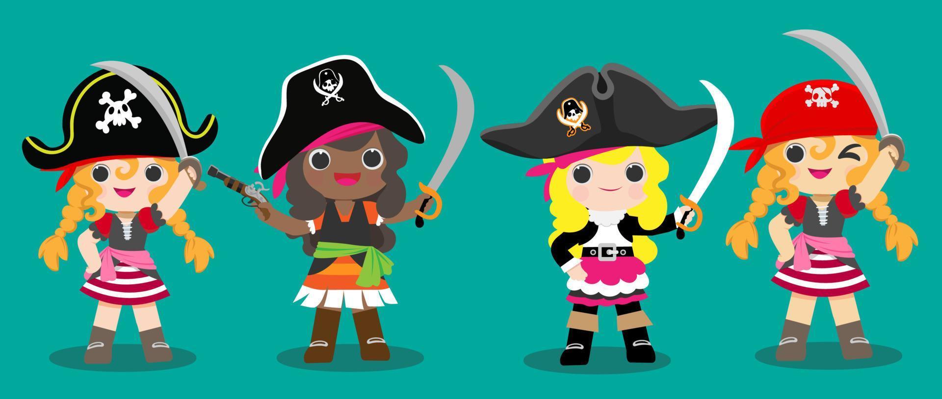 personagem pirata bonito usando chapéu e de pé com arma. viagens marítimas e design de aventura vetor