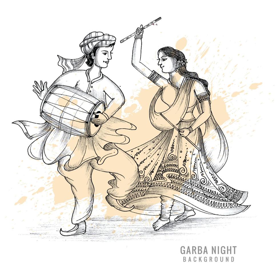 lindo casal tocando dandiya no fundo do esboço da noite disco garba vetor