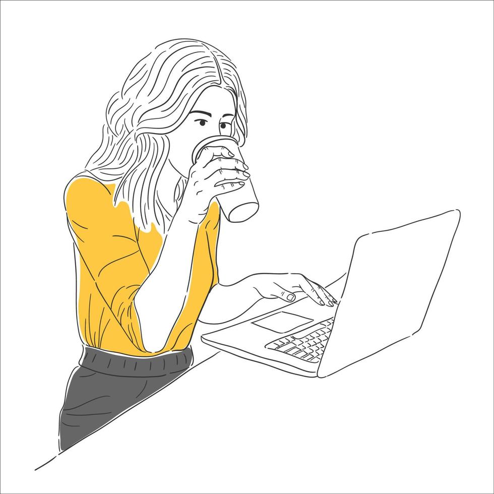 pessoa desenhada de mão trabalhando com ilustração de laptop vetor