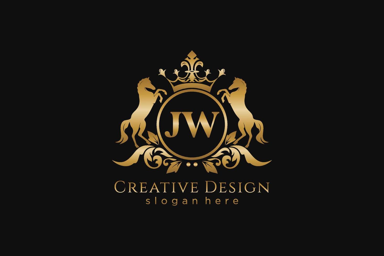 crista dourada retro jw inicial com círculo e dois cavalos, modelo de crachá com pergaminhos e coroa real - perfeito para projetos de marca luxuosos vetor