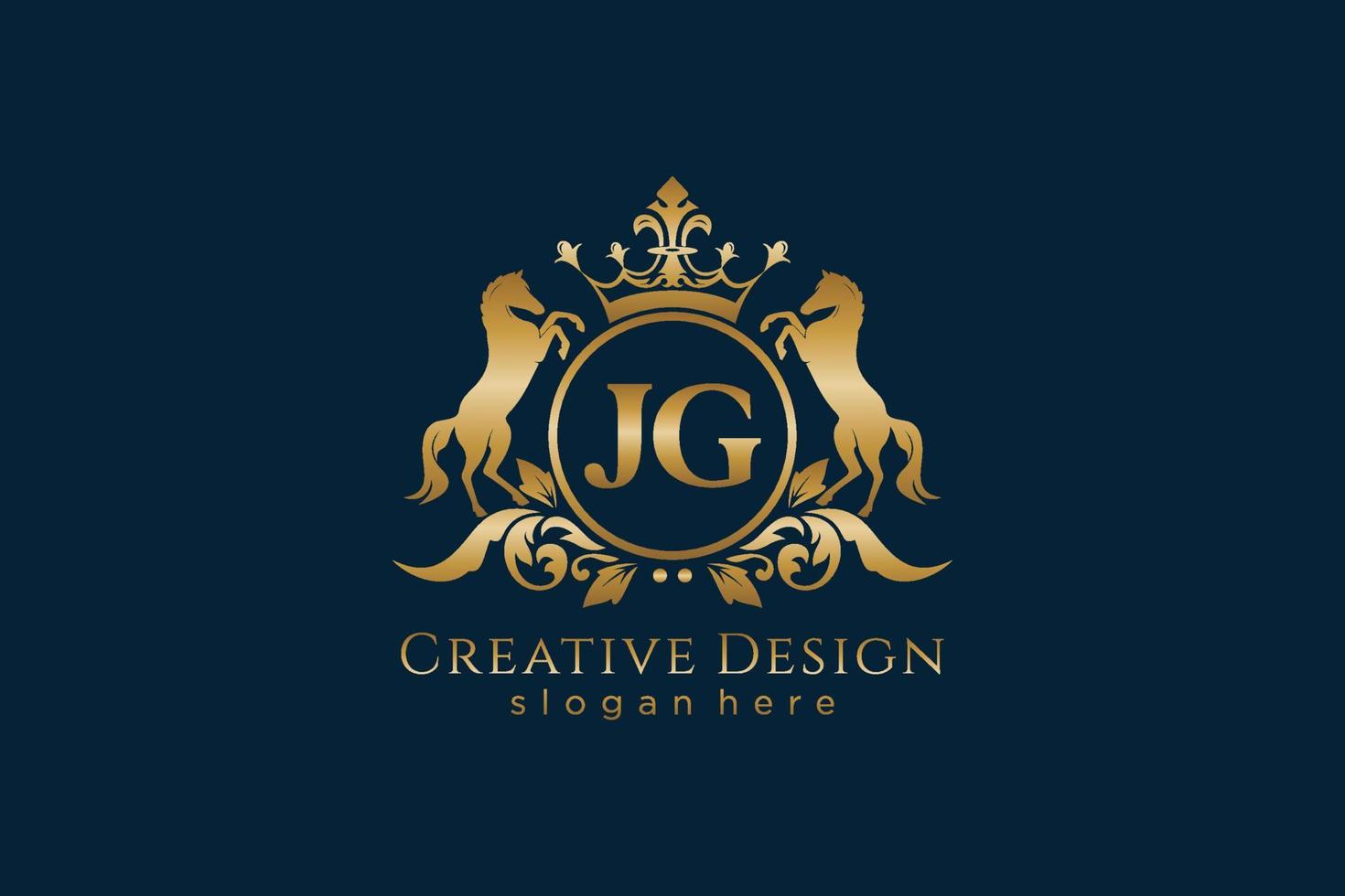 crista dourada retro jg inicial com círculo e dois cavalos, modelo de crachá com pergaminhos e coroa real - perfeito para projetos de marca luxuosos vetor