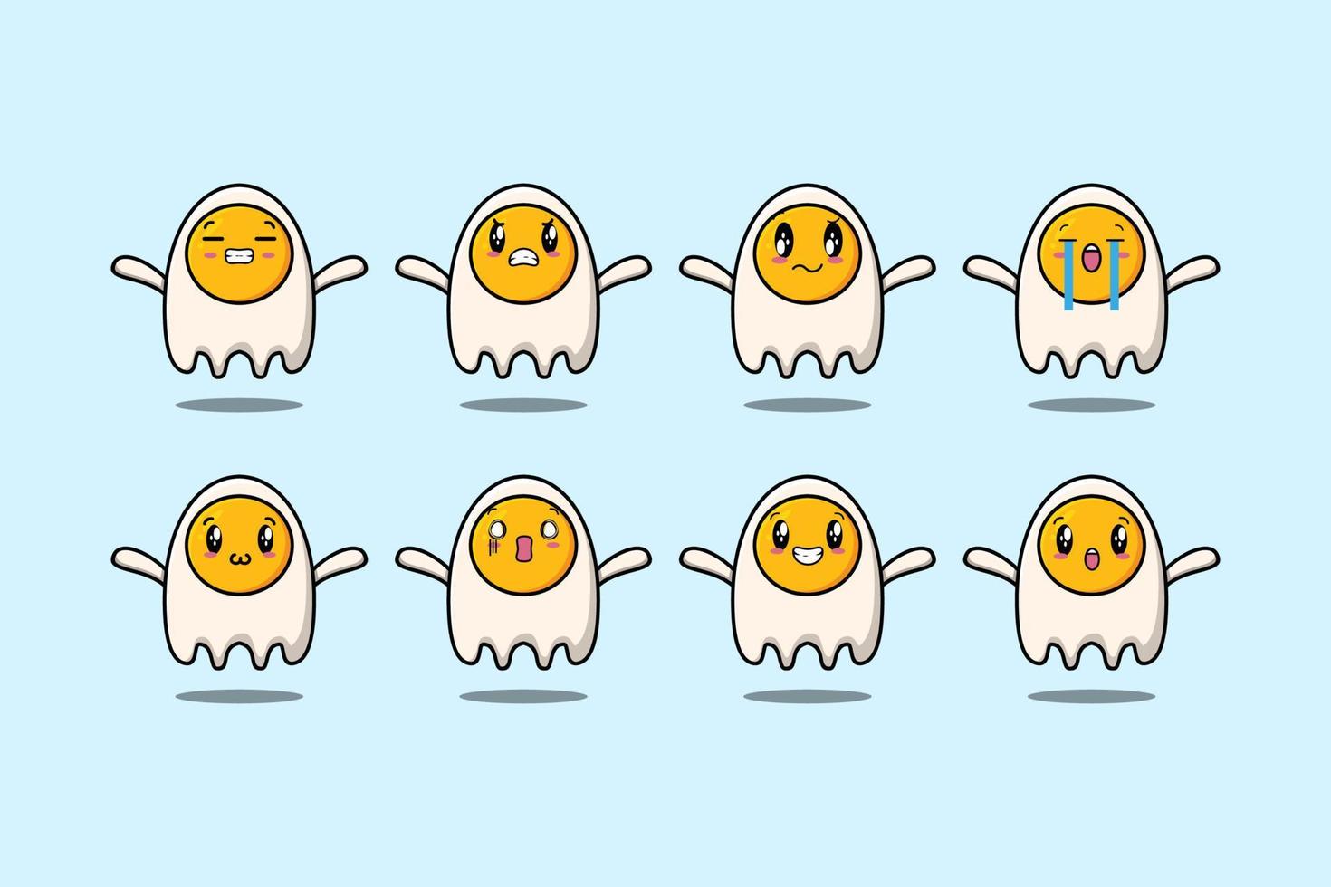 definir desenhos animados de ovos fritos kawaii com expressões vetor