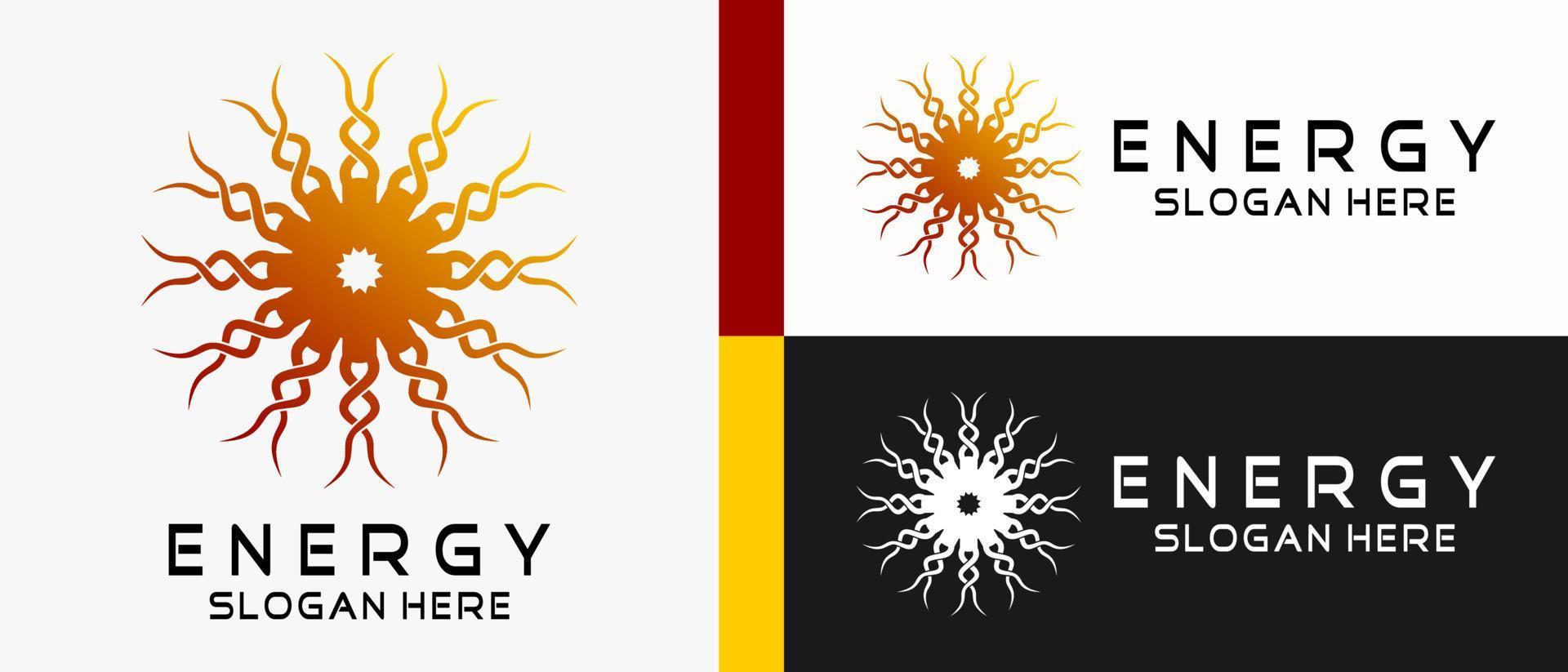 modelo de design de logotipo de energia com conceito abstrato criativo em raios de sol ou elementos de arte rotativa de forma de luz piscando. ilustração de logotipo de vetor premium