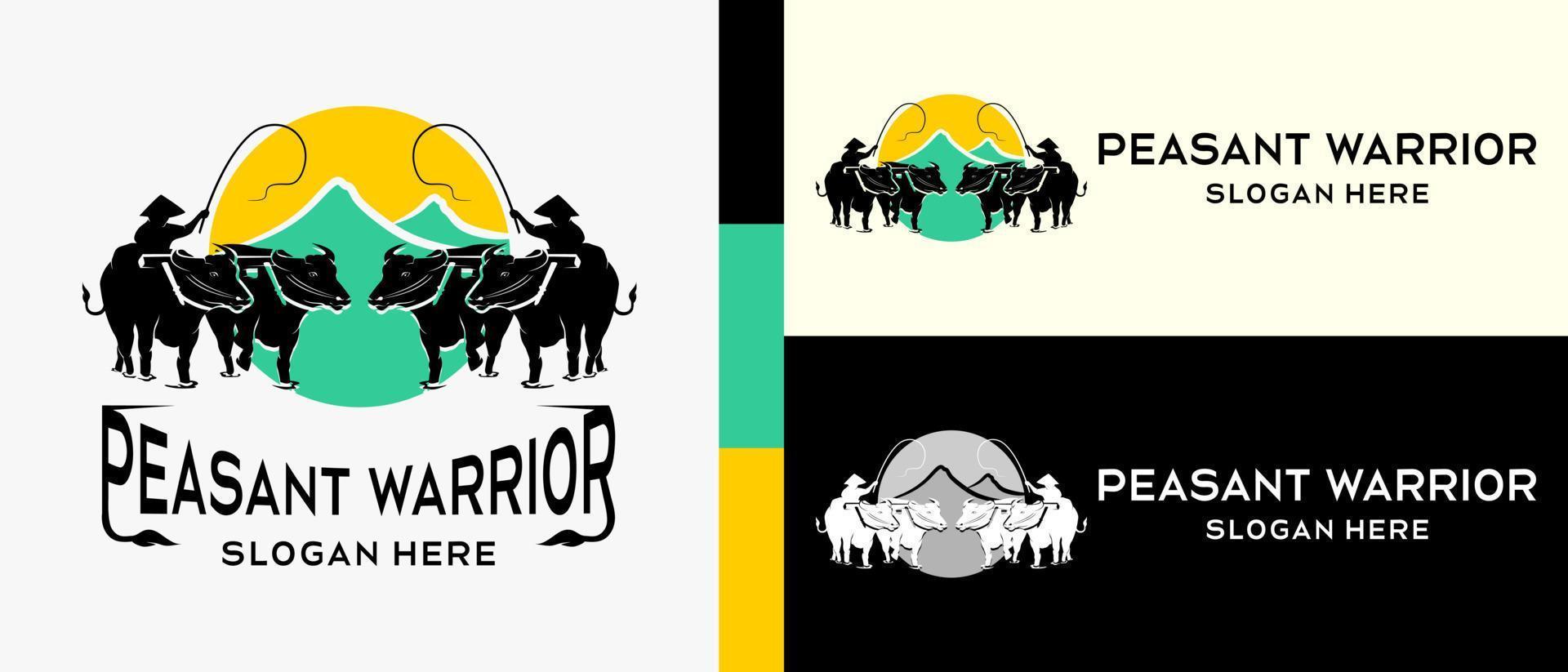 modelo de design de logotipo de campo de arroz arado em estilo vintage com o conceito de elementos de silhueta de búfalo e pessoas se misturando com a natureza. vetor de ilustração de logotipo premium