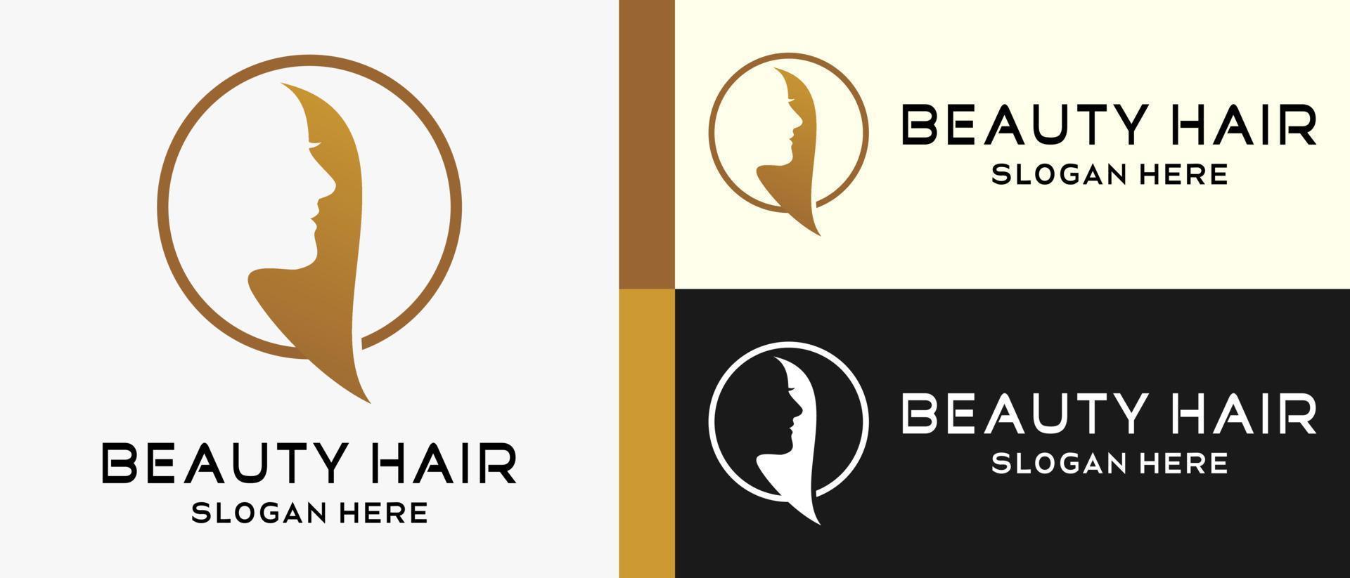 modelo de design de logotipo de beleza com rosto e cabelo de mulher com conceito criativo em círculo. ilustração de logotipo de cabelo de beleza, cuidados com os cabelos e salão de beleza, vetor premium