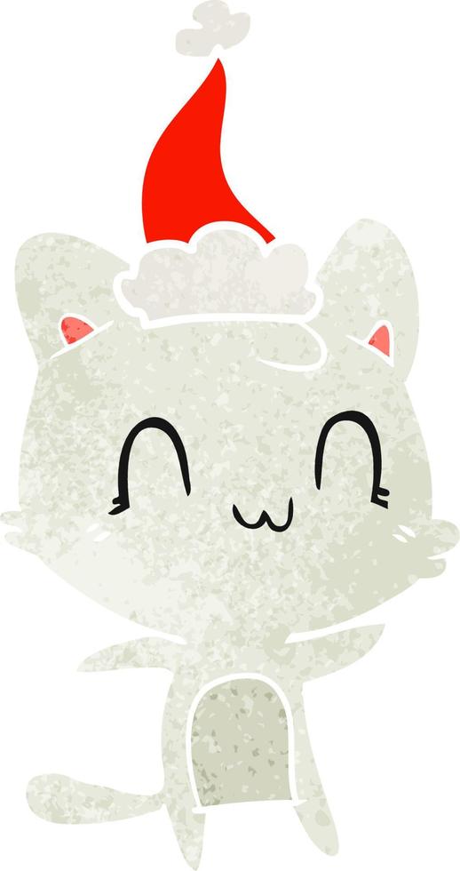 desenho retrô de um gato feliz usando chapéu de papai noel vetor