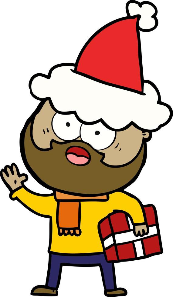 desenho de linha de um homem barbudo com presente usando chapéu de papai noel vetor